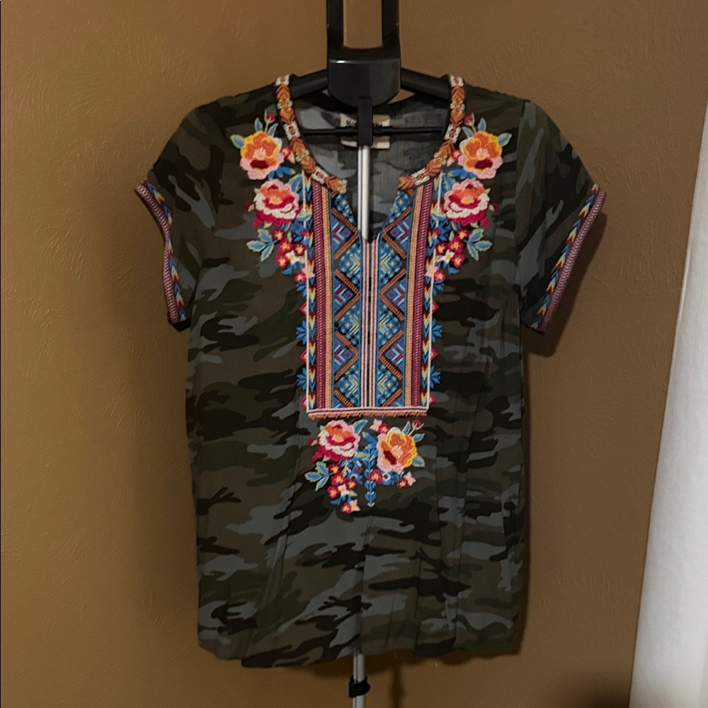 Savanna Jane Camouflage Blouse with Floral Embroidery
